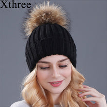 Load image into Gallery viewer, Xthree mink and fox fur ball cap pom poms winter hat for women girl &#39;s hat knitted  beanies cap brand new thick female cap