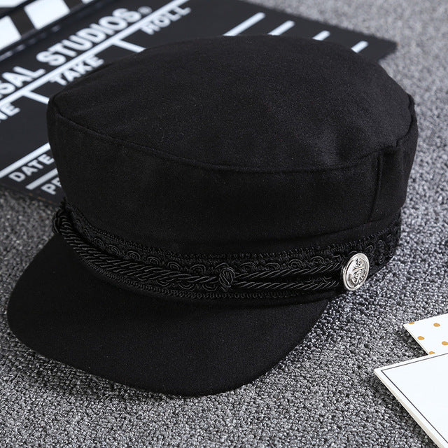 New Arrival Black Lace Embroidery Captain Hat Casual Rope Flat Cap Women Clothing Accessories Autumn Winter Cool Girls Beret Hat