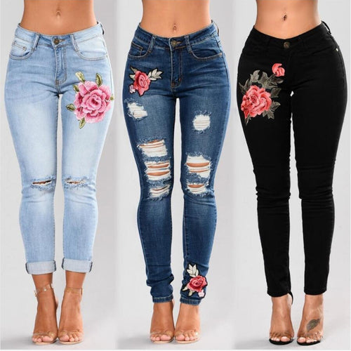 Women Stretch High Waist Skinny Embroidery Jeans Without Ripped Woman Floral Holes Denim Pants Trousers Women Jeans Pencil Pants