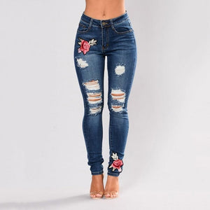 Women Stretch High Waist Skinny Embroidery Jeans Without Ripped Woman Floral Holes Denim Pants Trousers Women Jeans Pencil Pants