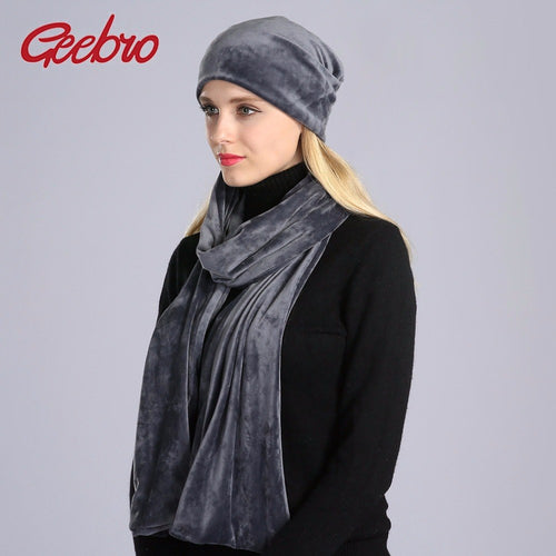 Geebro 2PCS Women's Beanies Hat and Scarf Winter Casual Warm Velvet Scarf For Women Ladies 100% Polyester Scarves and Hats DQ090