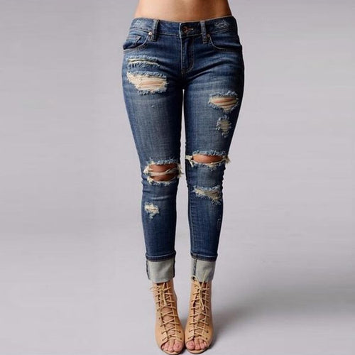2017 New Large Size Summer Women Jeans Ripped Holes Fashion Straight Full Length Mid Waist Famale Washed Denim Pants