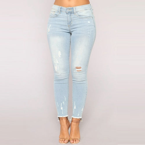 NEW ARRIVALS casual Long Jeans Women High Waist Skinny Pencil Blue Denim Pants ripped hole cropped skinny slim fit Jeans women
