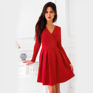 Women Vintage Dress 2018 New Arrival  Autumn Summer Long Sleeve Deep V-Neck Sexy A-Line Mini Party Dress