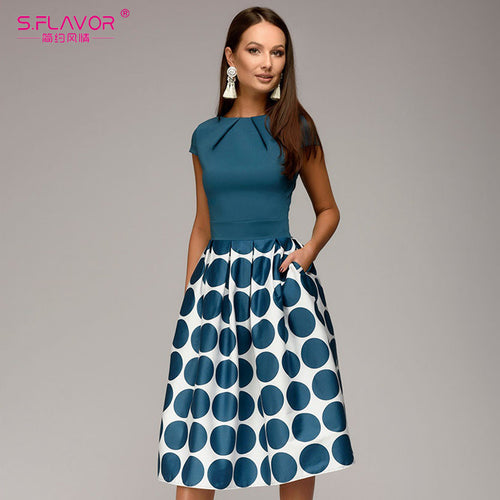 S.FLAVOR Vintage style women wave point dress Hot Sale short sleeve patchwork A-line short dress Casual women autumn vestidos