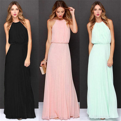 2018 Summer Dress Sleeveless Halter Sexy Pleated Dress Robe Longue Femme Long Slim Dresses Casual Loose Chiffon Dress For Female