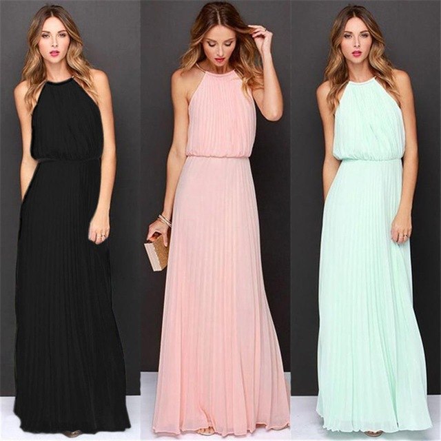 2018 Summer Dress Sleeveless Halter Sexy Pleated Dress Robe Longue Femme Long Slim Dresses Casual Loose Chiffon Dress For Female