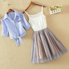 Load image into Gallery viewer, Shirt And Sling Tutu Dress Suit Women 2018 Summer Cute 2 Piece Dress Blue Pink Shirt And White Veil Dresses Plus Size 3XL 4XL