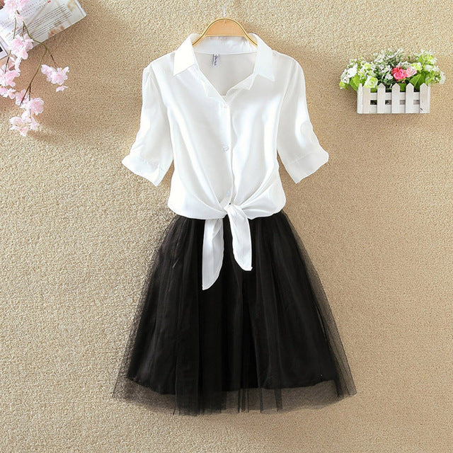 Shirt And Sling Tutu Dress Suit Women 2018 Summer Cute 2 Piece Dress Blue Pink Shirt And White Veil Dresses Plus Size 3XL 4XL