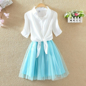 Shirt And Sling Tutu Dress Suit Women 2018 Summer Cute 2 Piece Dress Blue Pink Shirt And White Veil Dresses Plus Size 3XL 4XL