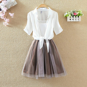 Shirt And Sling Tutu Dress Suit Women 2018 Summer Cute 2 Piece Dress Blue Pink Shirt And White Veil Dresses Plus Size 3XL 4XL