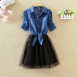 Shirt And Sling Tutu Dress Suit Women 2018 Summer Cute 2 Piece Dress Blue Pink Shirt And White Veil Dresses Plus Size 3XL 4XL
