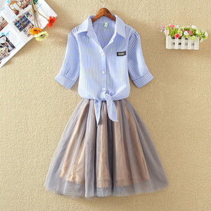 Shirt And Sling Tutu Dress Suit Women 2018 Summer Cute 2 Piece Dress Blue Pink Shirt And White Veil Dresses Plus Size 3XL 4XL