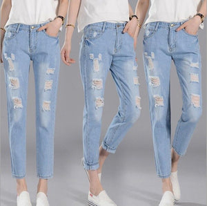 WICCON Ripped Elastic Waist Women Jeans Casual High Waist Hole Streetwear Denim Pants Femme Boyfriend Jeans Women distressed