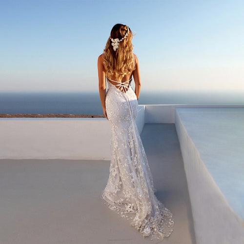 Summer White lace long dress Bohemian Low Back Backless Open Back Dress Mermaid Dresses Female vestidos Honeymoon trip clothes