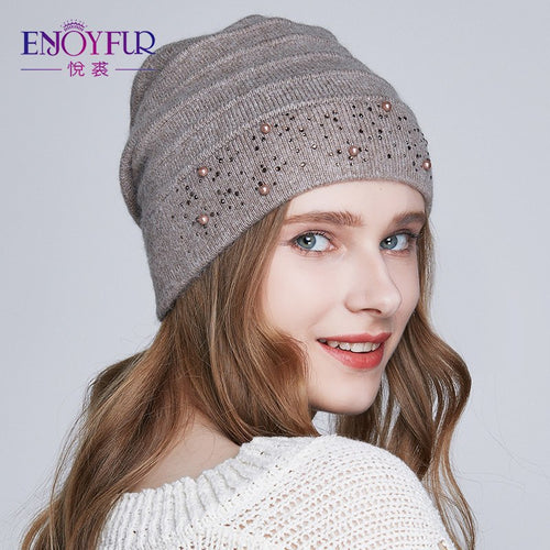 ENJOYFUR Winter Hats for Women Warm Wool Beanies Hat 2018 New Fashion Double Lining Caps With Rhinestones