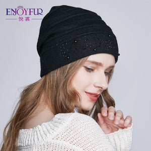 ENJOYFUR Winter Hats for Women Warm Wool Beanies Hat 2018 New Fashion Double Lining Caps With Rhinestones