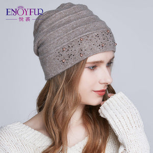 ENJOYFUR Winter Hats for Women Warm Wool Beanies Hat 2018 New Fashion Double Lining Caps With Rhinestones