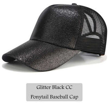 Load image into Gallery viewer, CC Glitter Ponytail Baseball Cap Dad Hat Snapback Messy Bun Trucker Hats Women Summer Casual Sun Sports Hip Hop Caps Adjustable