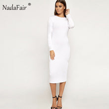 Load image into Gallery viewer, Nadafair long sleeve o neck solid autumn dress women casual slim elegant midi pullover dress women spring t shirt dress white