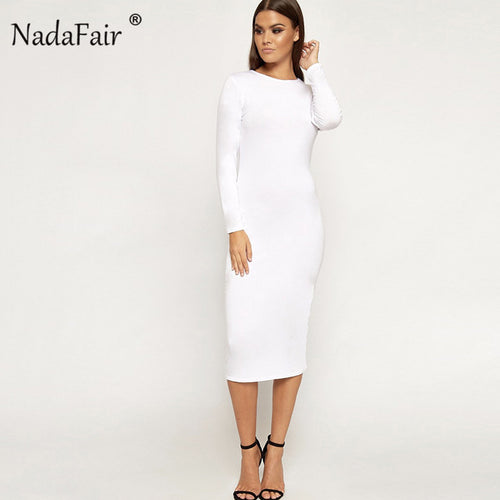 Nadafair long sleeve o neck solid autumn dress women casual slim elegant midi pullover dress women spring t shirt dress white