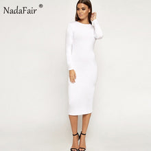 Load image into Gallery viewer, Nadafair long sleeve o neck solid autumn dress women casual slim elegant midi pullover dress women spring t shirt dress white