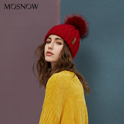 Real Raccoon Fur Pom Poms Beanies Winter Hat Female For Women Knitted Cotton Thick Cap 2018 New Fashion Warm Beanie Hot Selling