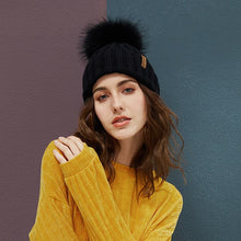 Load image into Gallery viewer, Real Raccoon Fur Pom Poms Beanies Winter Hat Female For Women Knitted Cotton Thick Cap 2018 New Fashion Warm Beanie Hot Selling