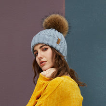 Load image into Gallery viewer, Real Raccoon Fur Pom Poms Beanies Winter Hat Female For Women Knitted Cotton Thick Cap 2018 New Fashion Warm Beanie Hot Selling