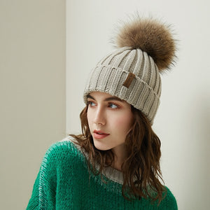 Real Raccoon Fur Pom Poms Beanies Winter Hat Female For Women Knitted Cotton Thick Cap 2018 New Fashion Warm Beanie Hot Selling