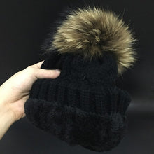 Load image into Gallery viewer, 2018 Women&#39;s hats Add velvet Fleece Inside Beanies Winter Hats for women 100% Raccoon Fur Pompom Hat Female Twist pattern caps