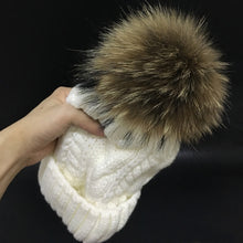Load image into Gallery viewer, 2018 Women&#39;s hats Add velvet Fleece Inside Beanies Winter Hats for women 100% Raccoon Fur Pompom Hat Female Twist pattern caps