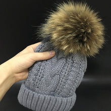 Load image into Gallery viewer, 2018 Women&#39;s hats Add velvet Fleece Inside Beanies Winter Hats for women 100% Raccoon Fur Pompom Hat Female Twist pattern caps