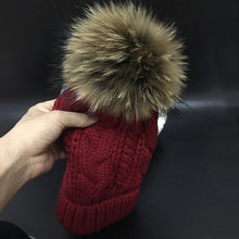 Load image into Gallery viewer, 2018 Women&#39;s hats Add velvet Fleece Inside Beanies Winter Hats for women 100% Raccoon Fur Pompom Hat Female Twist pattern caps