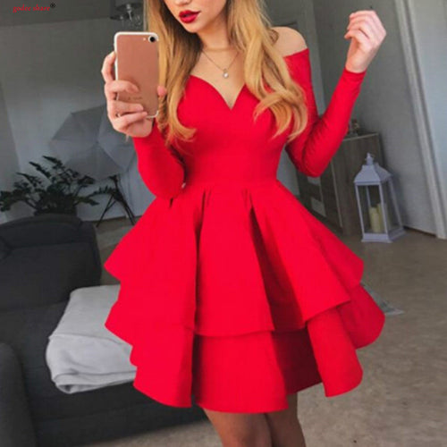 Fashion Elegant Party Dresses Women Autumn Clothes Long Sleeve V Neck Sexy Mini Ball Gown Female Vestido S M L XL
