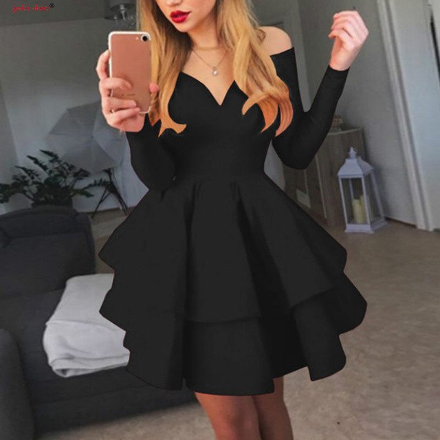 Fashion Elegant Party Dresses Women Autumn Clothes Long Sleeve V Neck Sexy Mini Ball Gown Female Vestido S M L XL