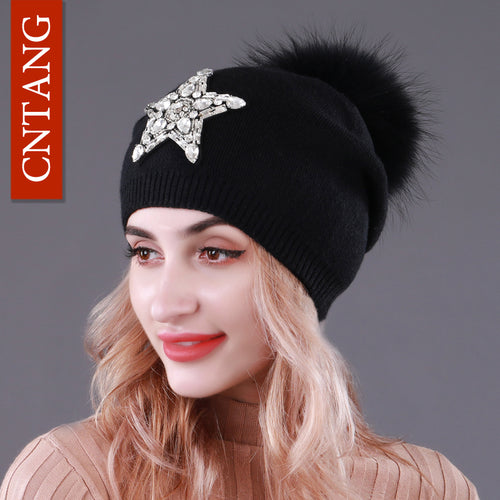 CNTANG Autumn Knitted Wool Hats For Women Winter Warm Caps With Star Rhinestones Natural Raccoon Fur Pompom Hat Female Beanies