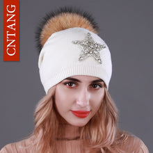 Load image into Gallery viewer, CNTANG Autumn Knitted Wool Hats For Women Winter Warm Caps With Star Rhinestones Natural Raccoon Fur Pompom Hat Female Beanies