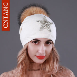 CNTANG Autumn Knitted Wool Hats For Women Winter Warm Caps With Star Rhinestones Natural Raccoon Fur Pompom Hat Female Beanies