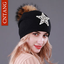 Load image into Gallery viewer, CNTANG Autumn Knitted Wool Hats For Women Winter Warm Caps With Star Rhinestones Natural Raccoon Fur Pompom Hat Female Beanies