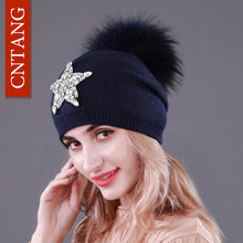 Load image into Gallery viewer, CNTANG Autumn Knitted Wool Hats For Women Winter Warm Caps With Star Rhinestones Natural Raccoon Fur Pompom Hat Female Beanies