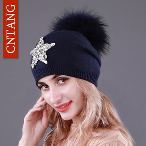 CNTANG Autumn Knitted Wool Hats For Women Winter Warm Caps With Star Rhinestones Natural Raccoon Fur Pompom Hat Female Beanies