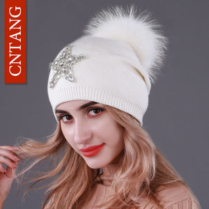 CNTANG Autumn Knitted Wool Hats For Women Winter Warm Caps With Star Rhinestones Natural Raccoon Fur Pompom Hat Female Beanies