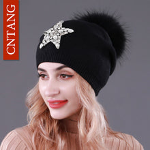 Load image into Gallery viewer, CNTANG Autumn Knitted Wool Hats For Women Winter Warm Caps With Star Rhinestones Natural Raccoon Fur Pompom Hat Female Beanies