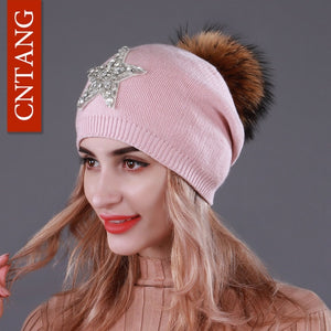 CNTANG Autumn Knitted Wool Hats For Women Winter Warm Caps With Star Rhinestones Natural Raccoon Fur Pompom Hat Female Beanies