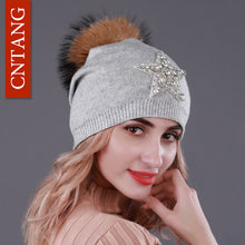Load image into Gallery viewer, CNTANG Autumn Knitted Wool Hats For Women Winter Warm Caps With Star Rhinestones Natural Raccoon Fur Pompom Hat Female Beanies