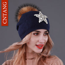 Load image into Gallery viewer, CNTANG Autumn Knitted Wool Hats For Women Winter Warm Caps With Star Rhinestones Natural Raccoon Fur Pompom Hat Female Beanies