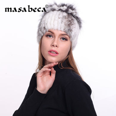 Girls Real Fur Beanies Fashion Ladies Warm Winter Princess Cap Elastic Mink + Fox Fur Russian Women Winter Caps Knitted Fur Hat