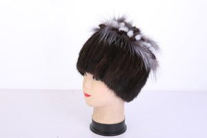 Girls Real Fur Beanies Fashion Ladies Warm Winter Princess Cap Elastic Mink + Fox Fur Russian Women Winter Caps Knitted Fur Hat