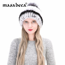 Load image into Gallery viewer, Female Fashion Warm Winter Hats Real Fox + Rex Rabbit Fur Genuine Plush Warm Winter Hats Thick Knitted Cap for Women Fur Beanies